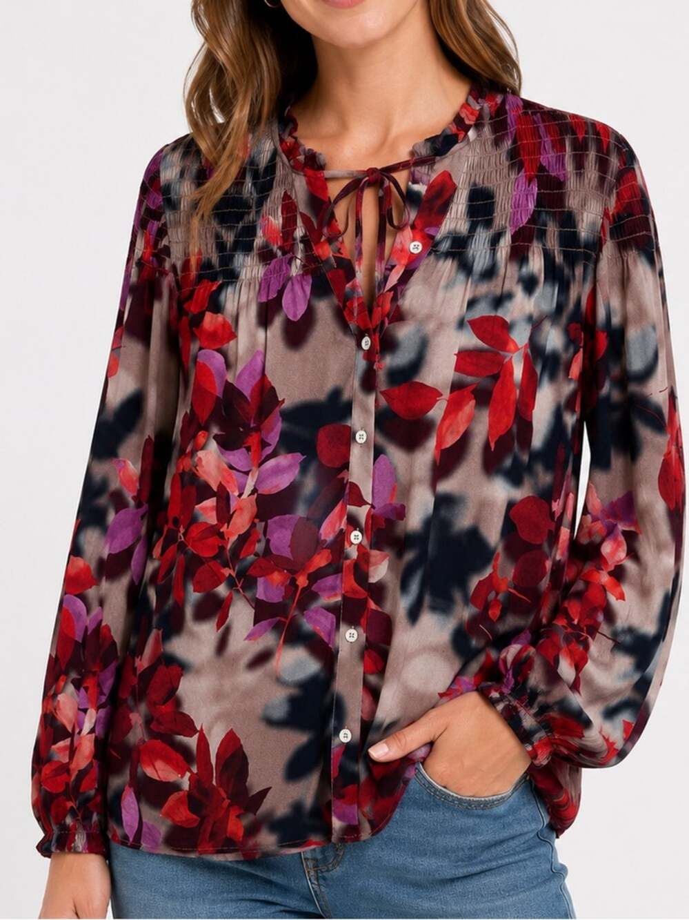Soft Surroundings Floral Smocked Peasant Blouse Feminine Boho Top M